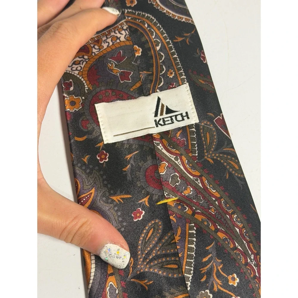 VTG Ketch Necktie Black Paisley Floral Retro Formal Wedding Career Mens OS
